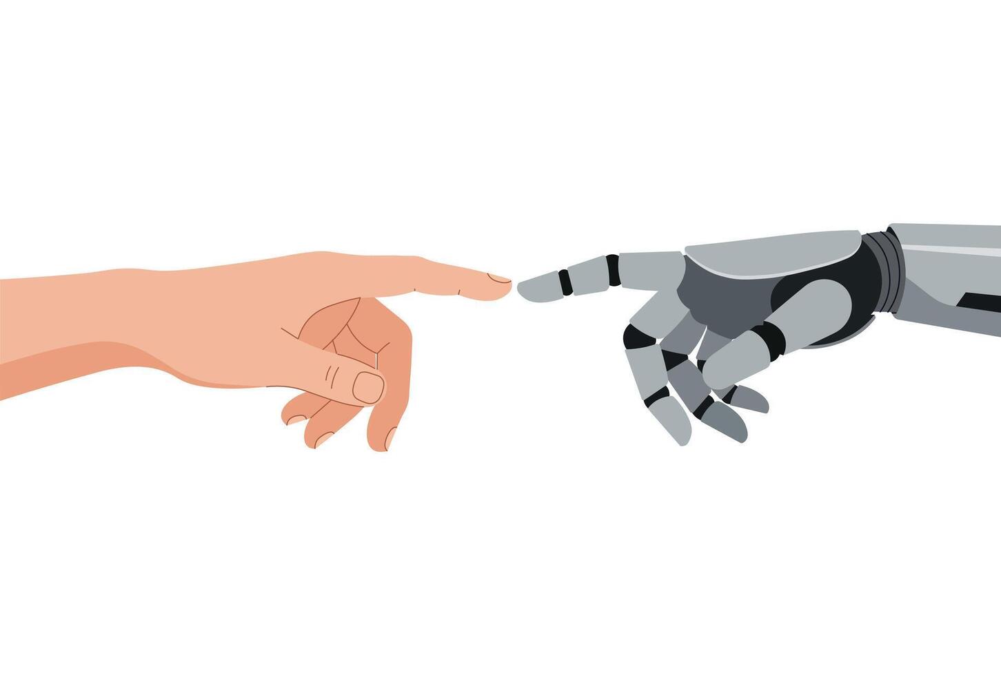 PrintFlat illustration of a human hand and a robotic hand about to touch, index finger to index finger, symbolizing the connection between humanity and technology background. vector