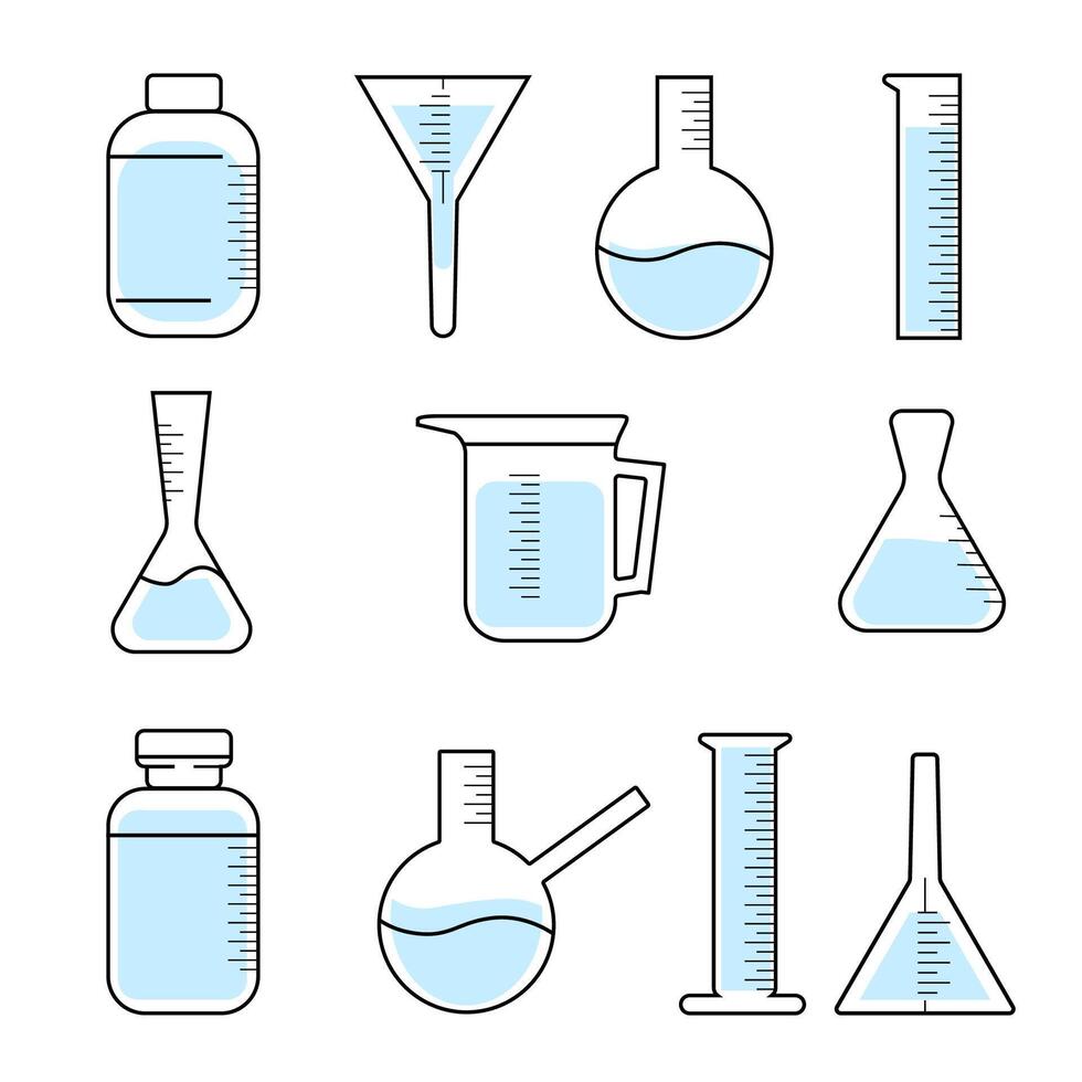 Laboratory glassware icons set. illustration in outline style. vector