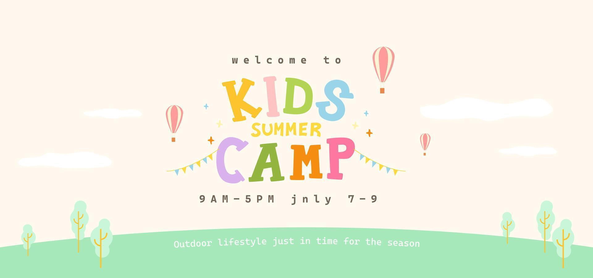 Colorful and minimal poster for kids summer camp in pastel tones with cute cartoon elements and outdoor theme vector