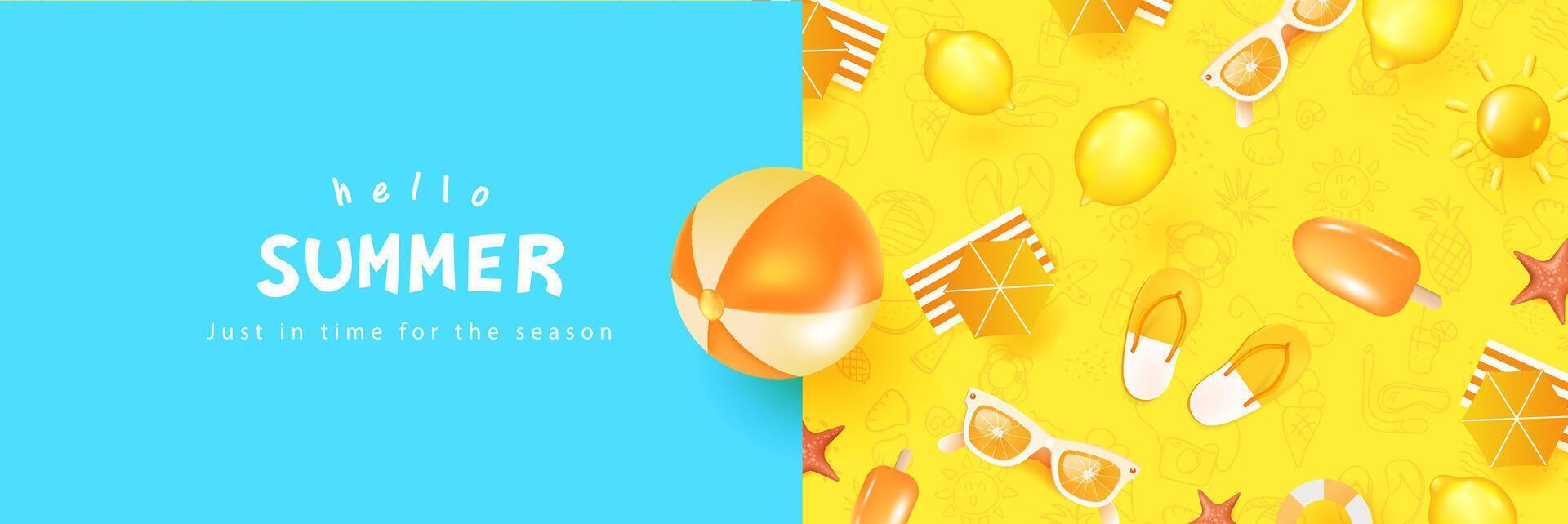 Bright and playful summer banner with beach ball, flip flops, and tropical items on a split blue and yellow background. Ideal for social media or holiday promotions. vector