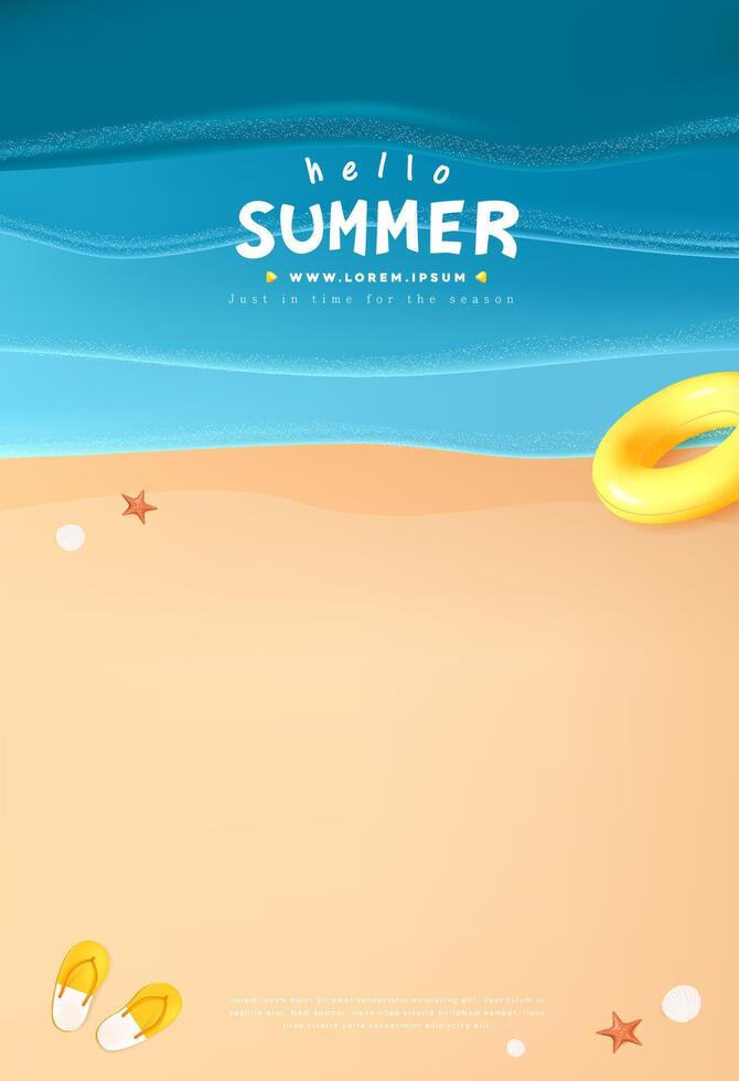 Minimal summer poster with soft waves, starfish, sandals, float ring, and seashells on sand. Perfect for seasonal promotions, travel ads, and summer backgrounds. vector