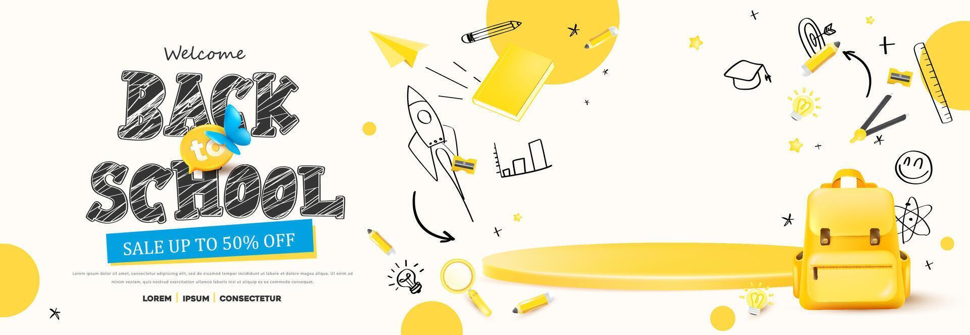 Back to school sale banner with backpack and education icons on white background with yellow podium and copy space for product display vector