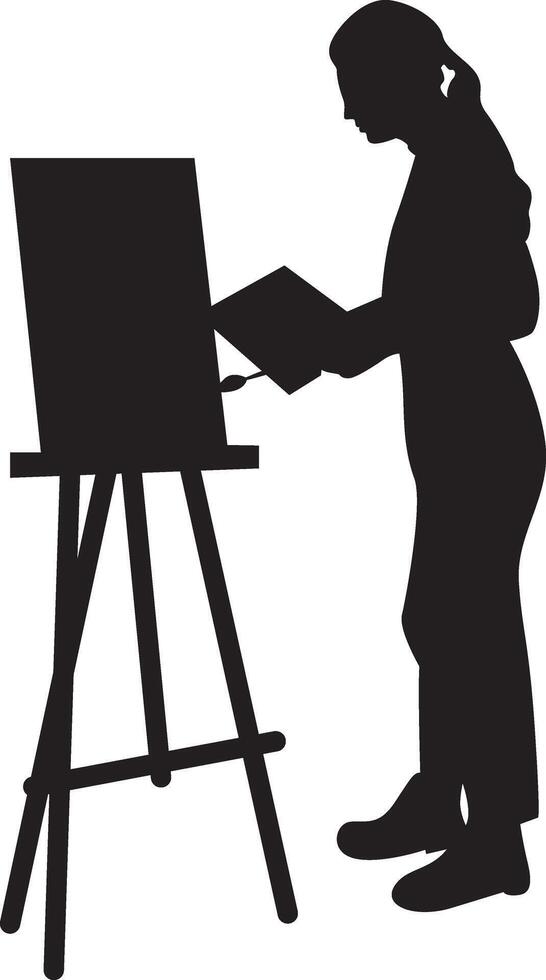 Silhouette of Woman Drawing on Canvas, Isolated on White Background. vector