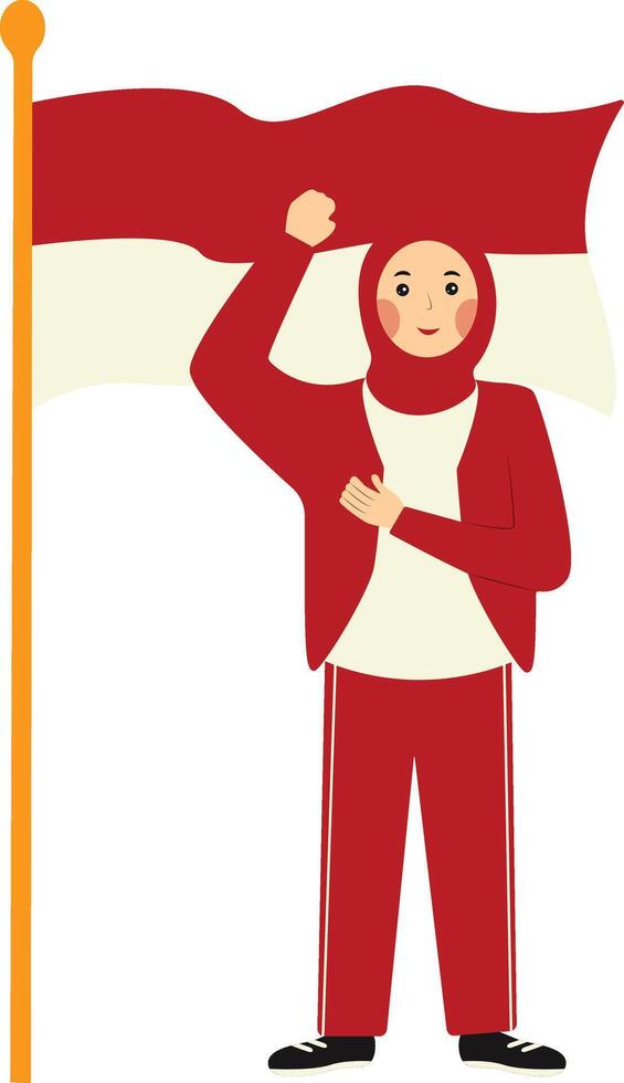 Cute Muslim Woman Holding the Indonesian Flag. Independence Day Celebrate. Isolated on White Background. vector