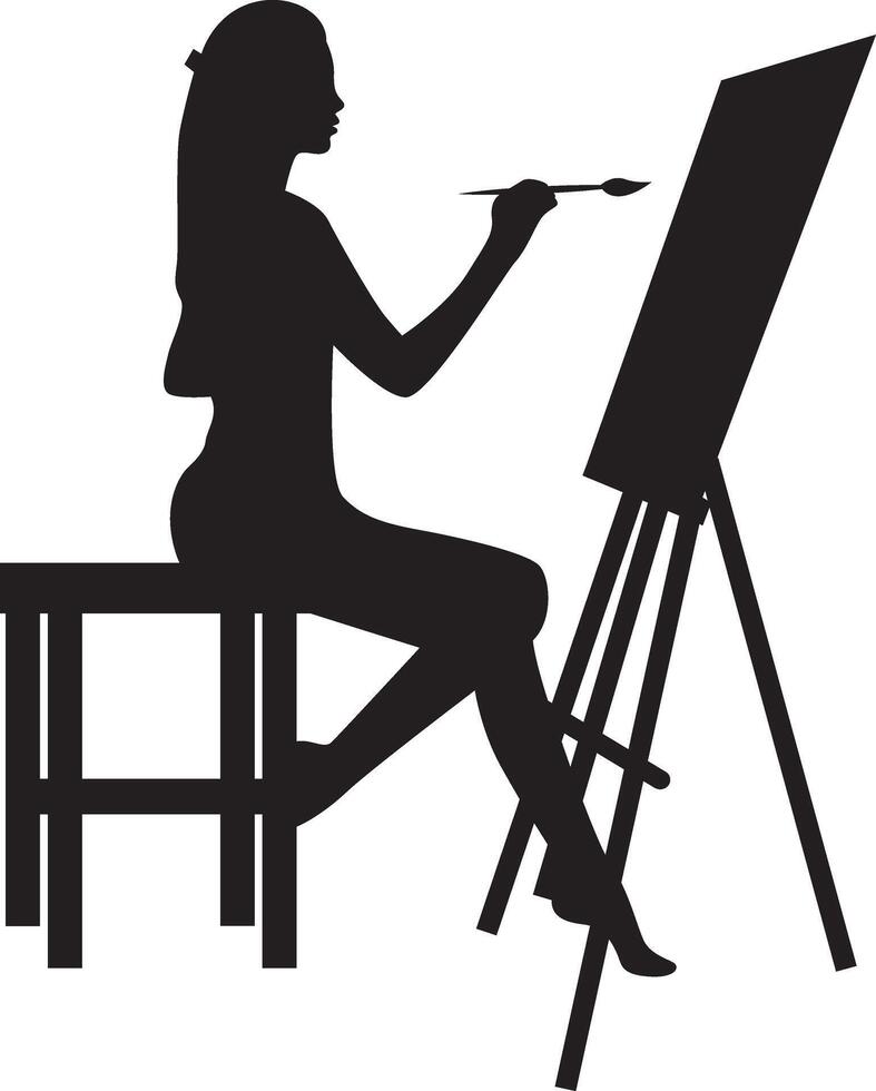 Silhouette of Artist Woman Drawing on Canvas. Isolated on White Background vector