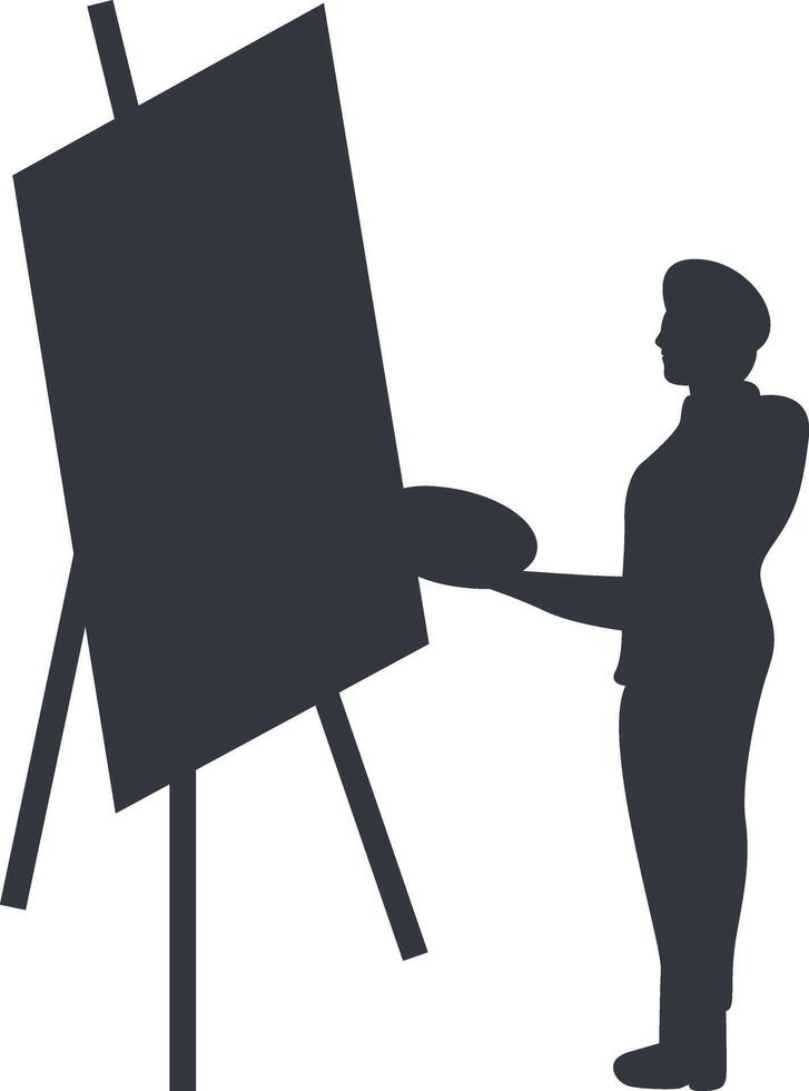 Silhouette of Artist Man Painting on Canvas, Isolated on White Background. vector