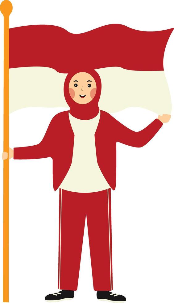 Indonesian Hijab Woman Holding Indonesian Flag. Cartoon Character. vector