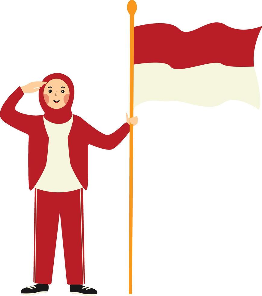 Indonesian Hijab Woman Holding Indonesian Flag with Flat Design vector