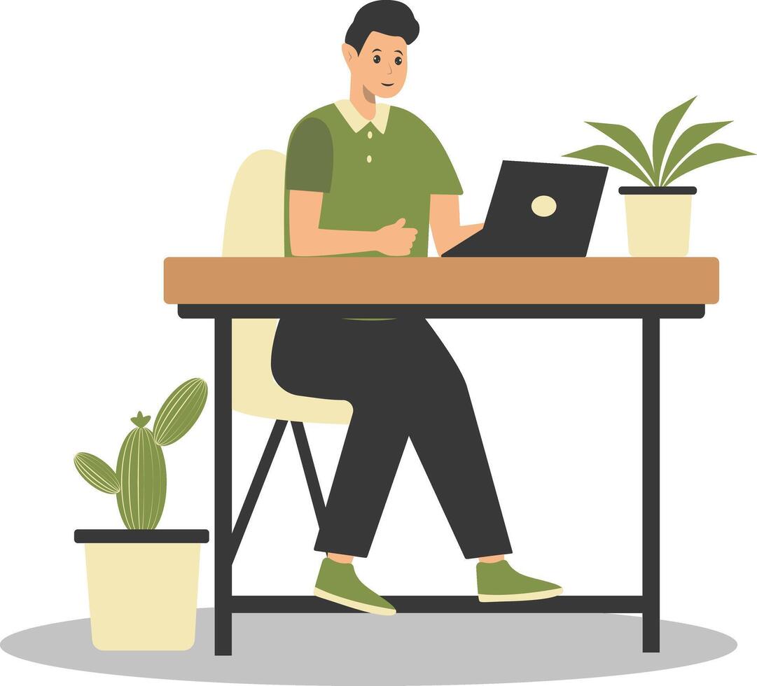 Happy Man Programmer Working at Home. Flat Illustration vector