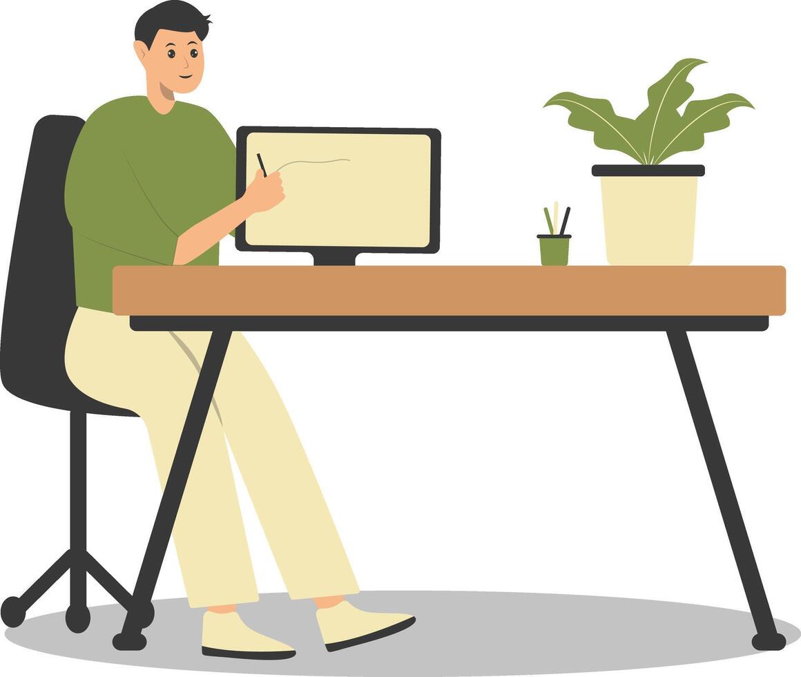 Happy Man Programmer Working at Home. Isolated on White Background vector