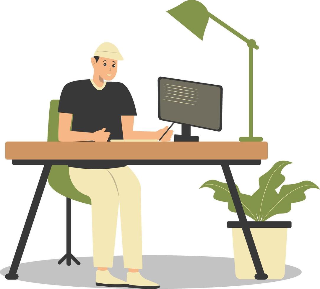 Happy Man Programmer Working at Home. Isolated on White Background. vector