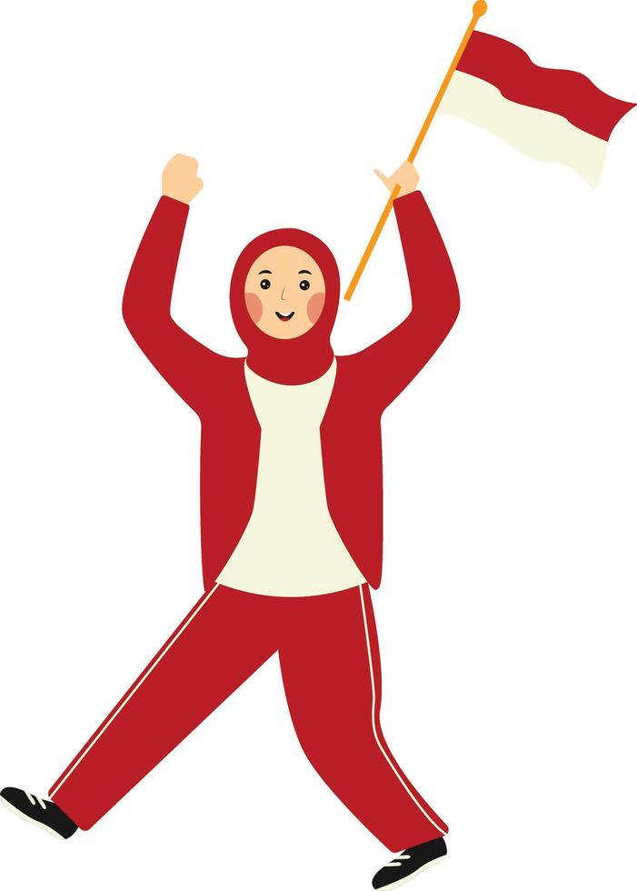 Indonesian Hijab Woman Holding Indonesian Flag. Cartoon Character vector
