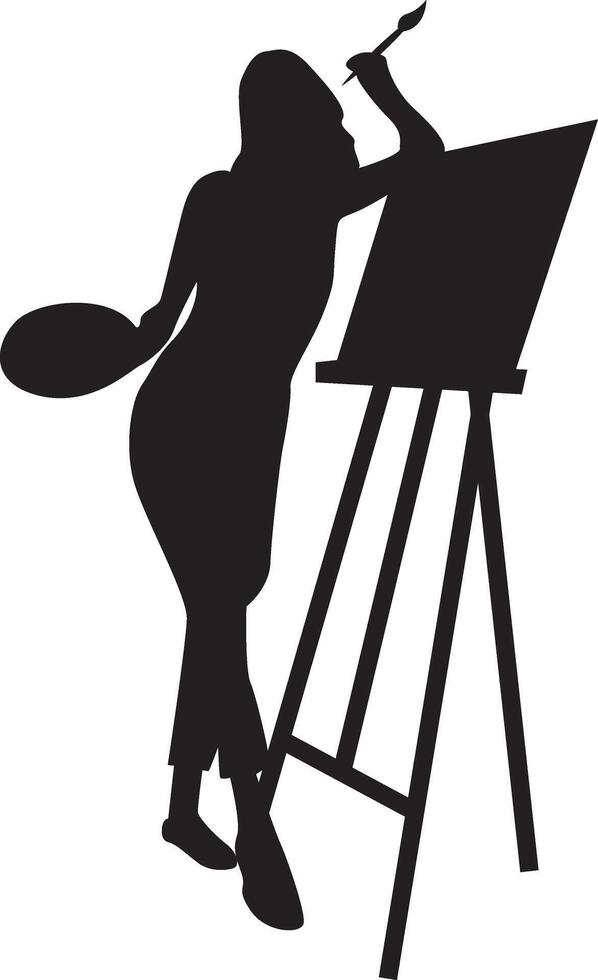 Silhouette of Woman Drawing on Canvas. Isolated on White Background. vector