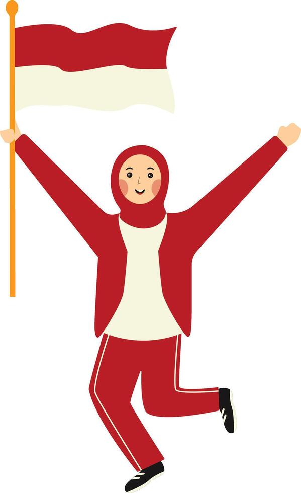 Indonesian Hijab Woman Holding Indonesian Flag. Flat Illustration. vector