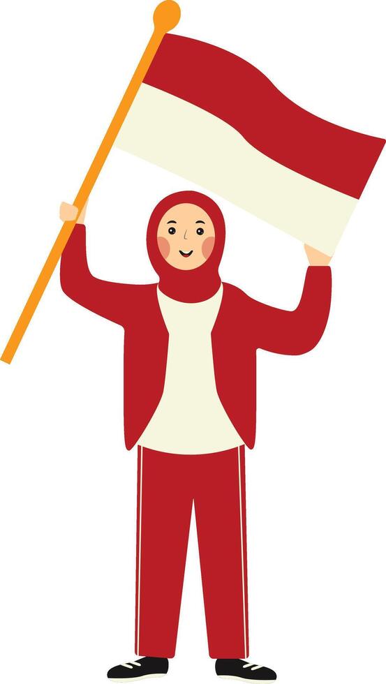 Indonesian Hijab Woman Holding Indonesian Flag with Cartoon Design vector