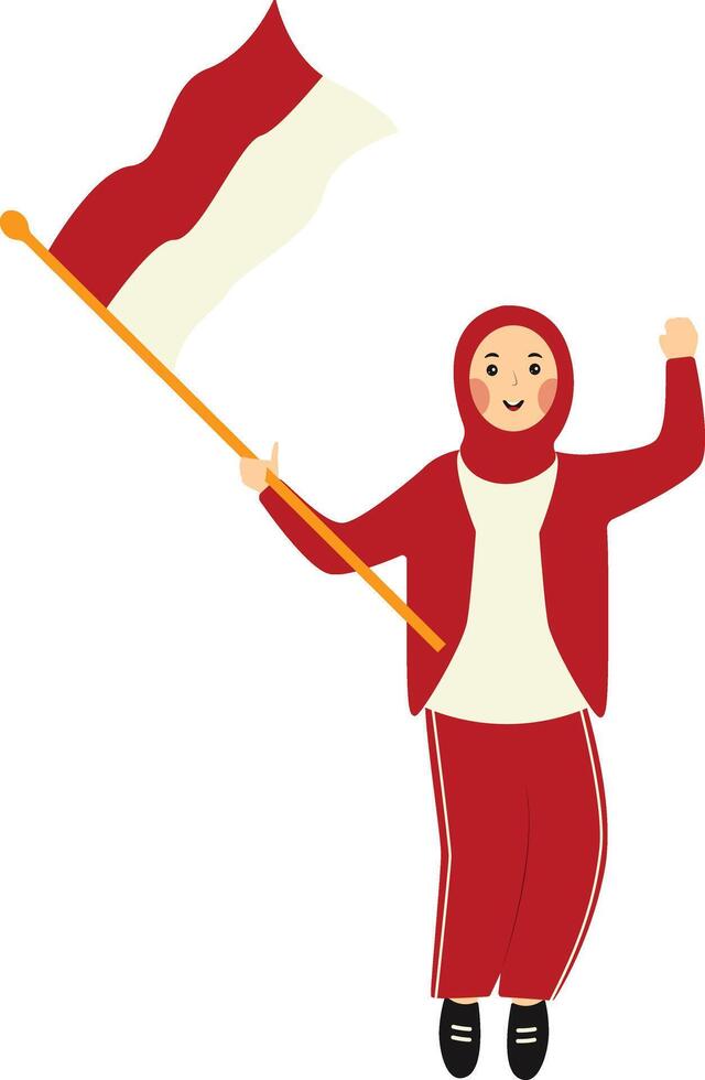 Cute Muslim Woman Holding the Indonesian Flag. Flat Illustration. vector