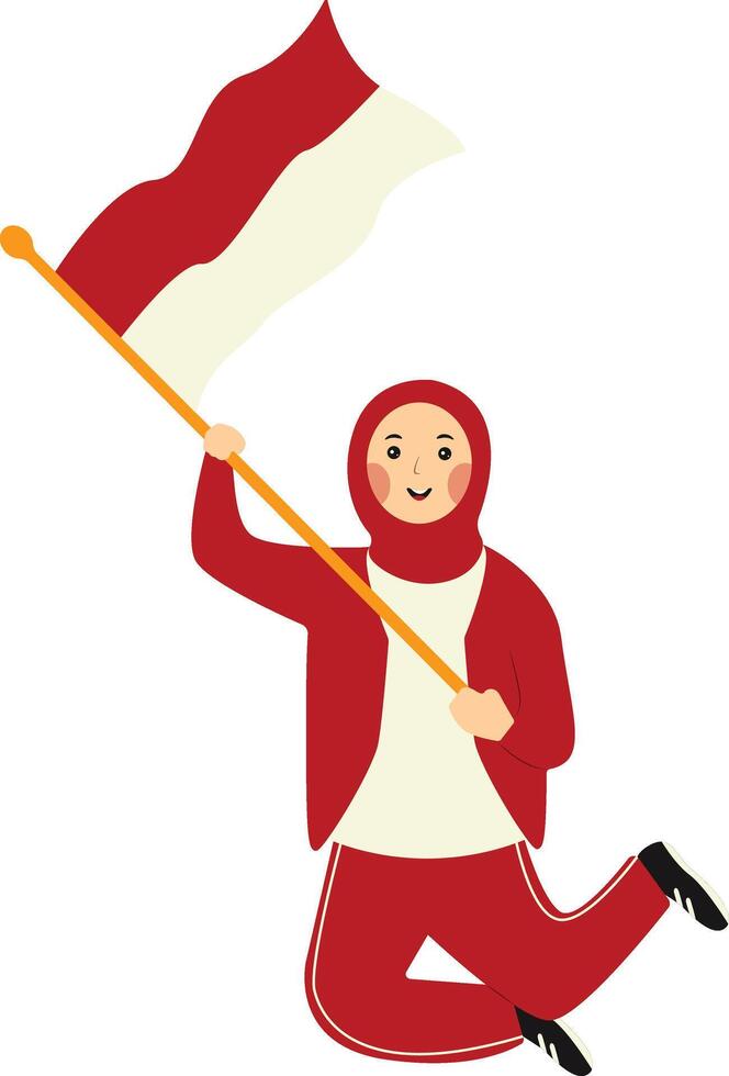 Cute Muslim Woman Holding the Indonesian Flag. Independence Day Celebrate vector
