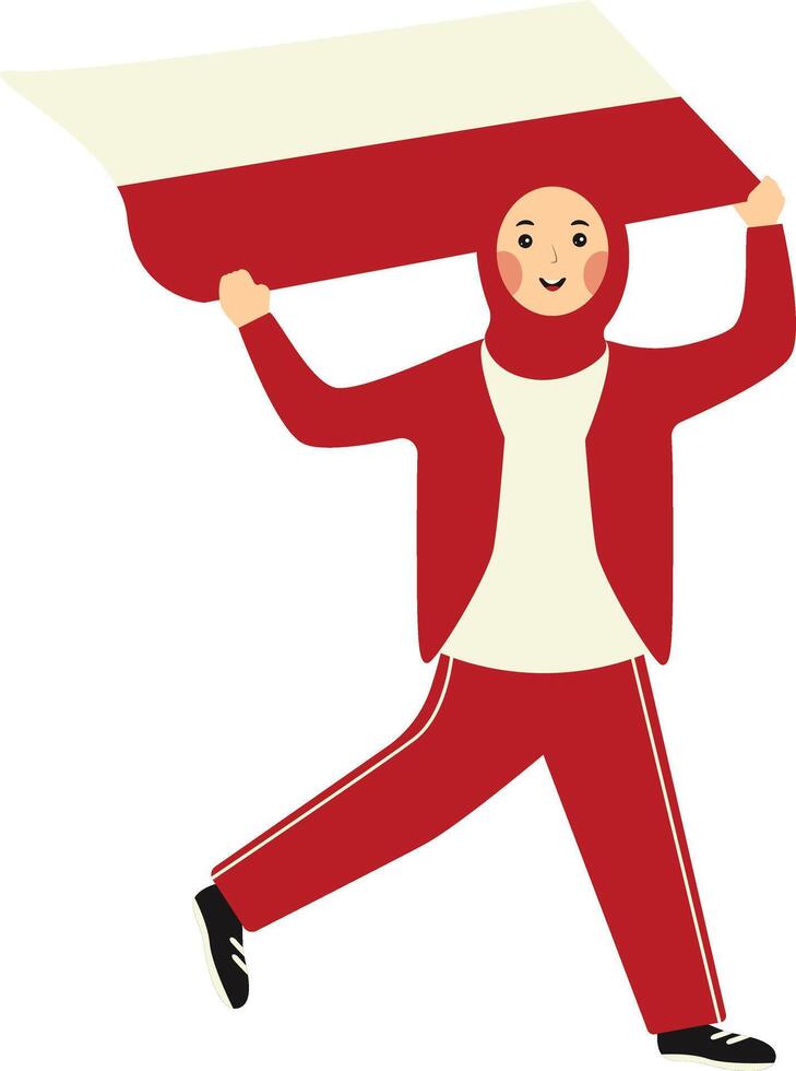 Illustration of Cute Muslim Woman Holding the Indonesian Flag. Independence Day Celebrate vector