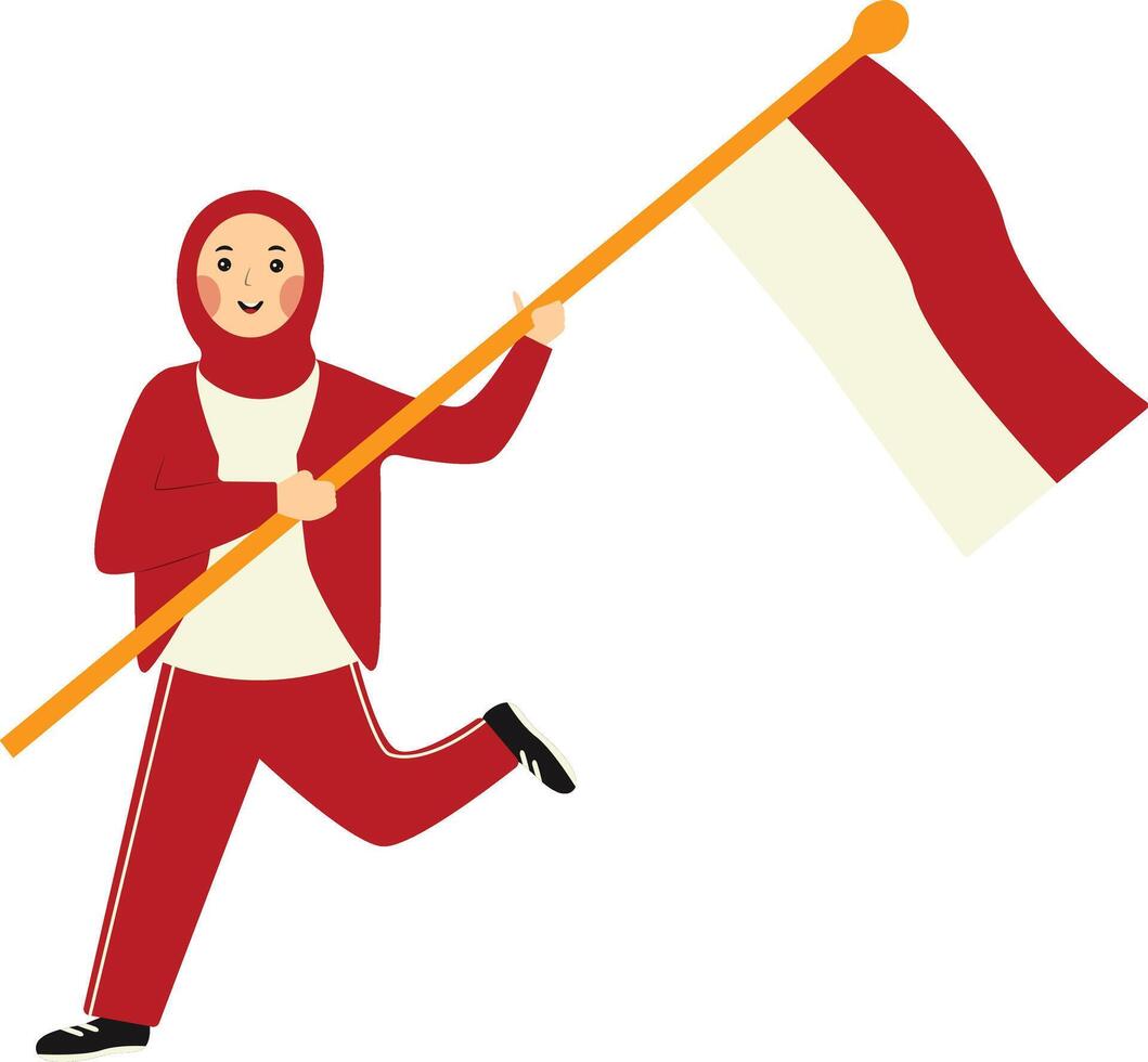 Indonesian Hijab Women Holding Indonesian Flag vector