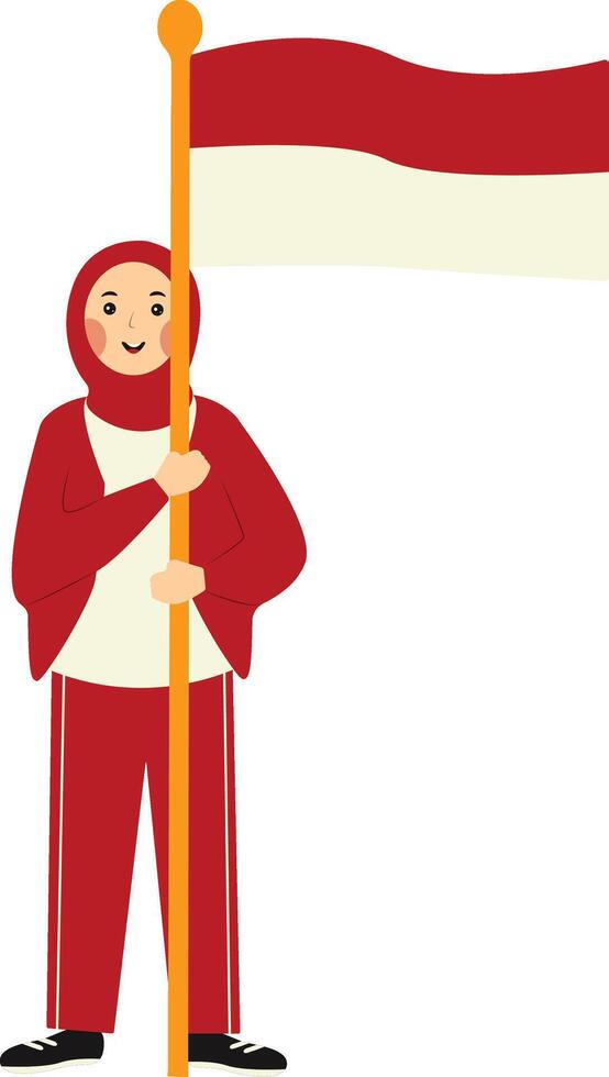 Indonesian Hijab Woman Holding Indonesian Flag in Flat Design vector