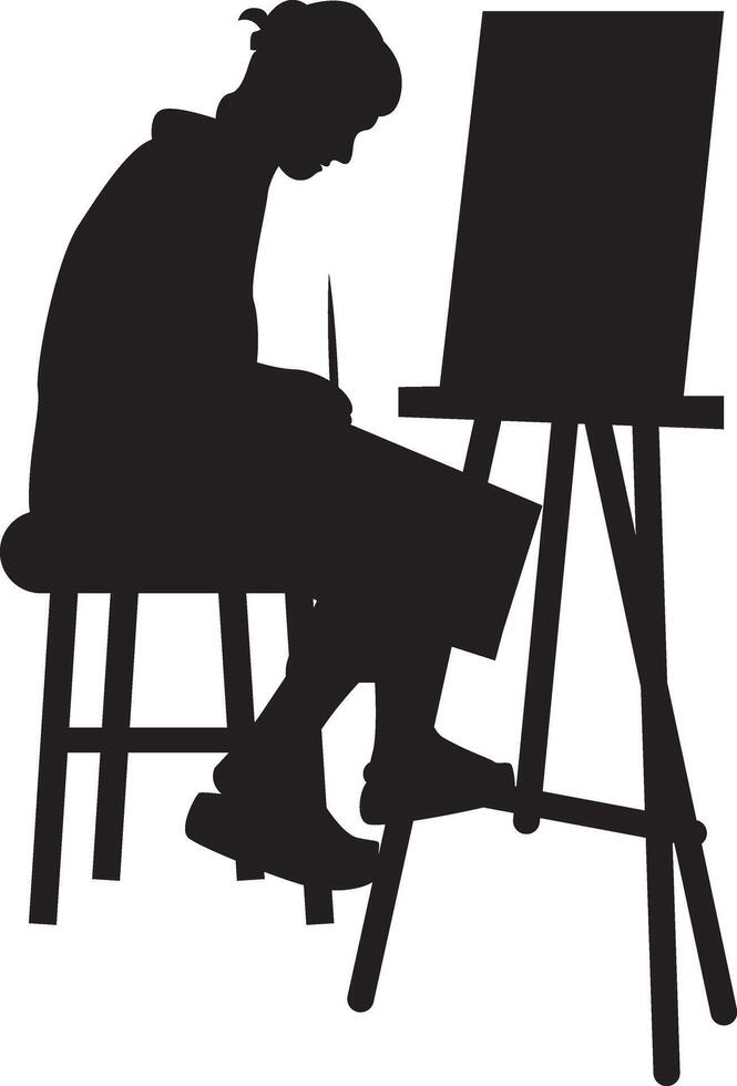Silhouette of Artist Man Drawing on Canvas with Simple Design. vector