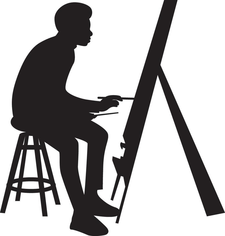 Silhouette of Artist Man Drawing on Canvas in Simple Design vector