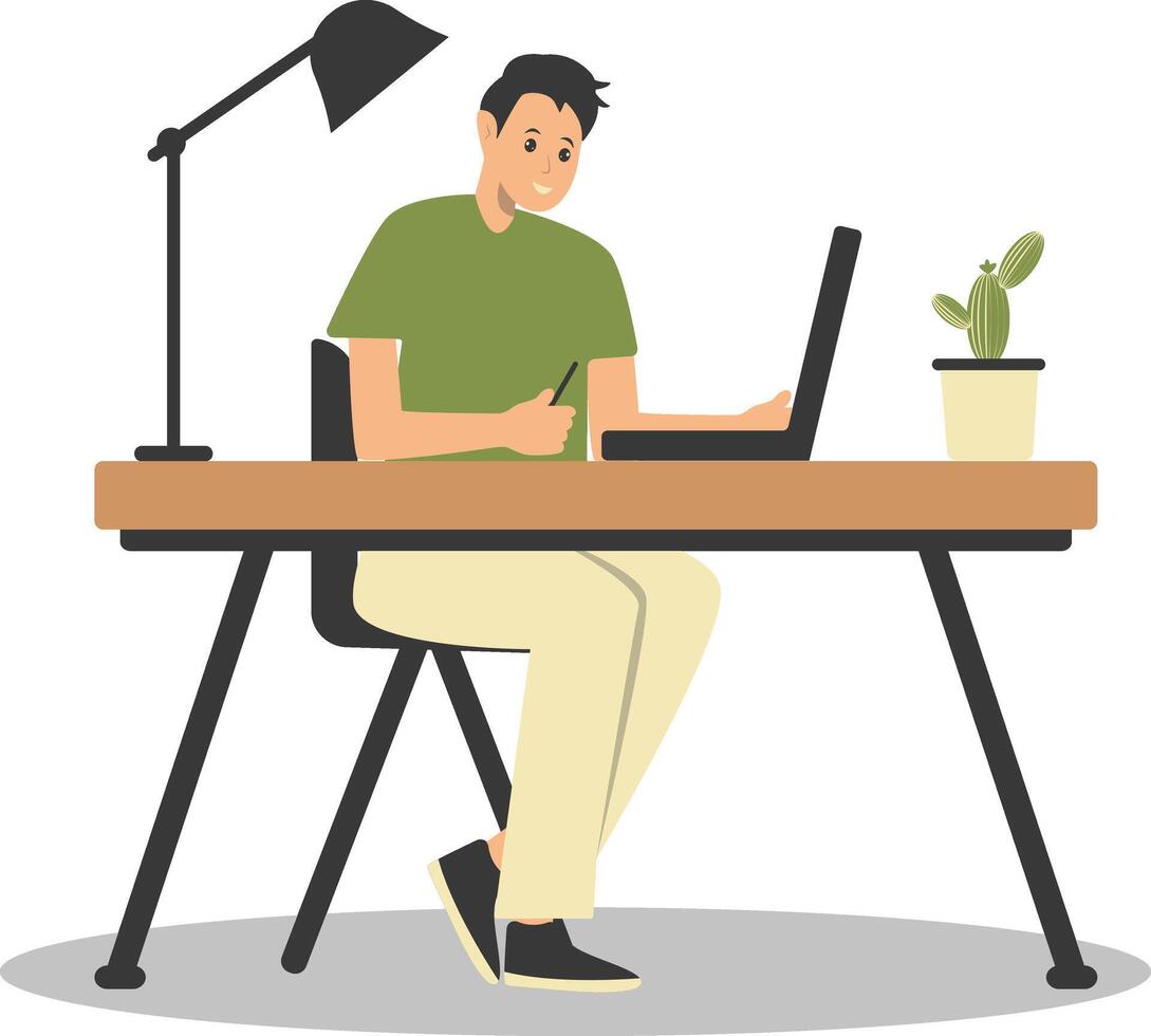 Happy Man Programmer Working at Home. Cartoon Character. vector