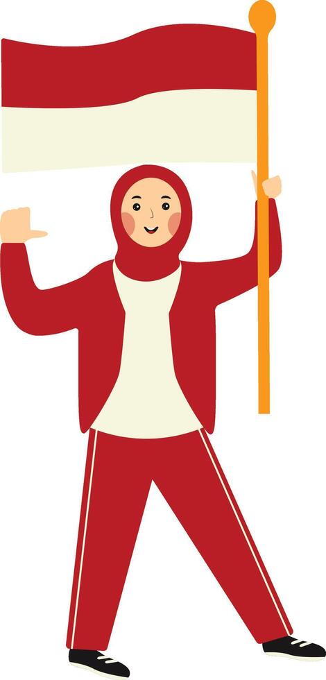Indonesian Hijab Woman Holding Indonesian Flag. Flat Illustration vector