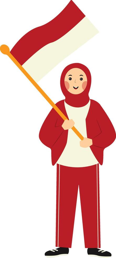 Indonesian Hijab Woman Holding Indonesian Flag with Cartoon Design. vector
