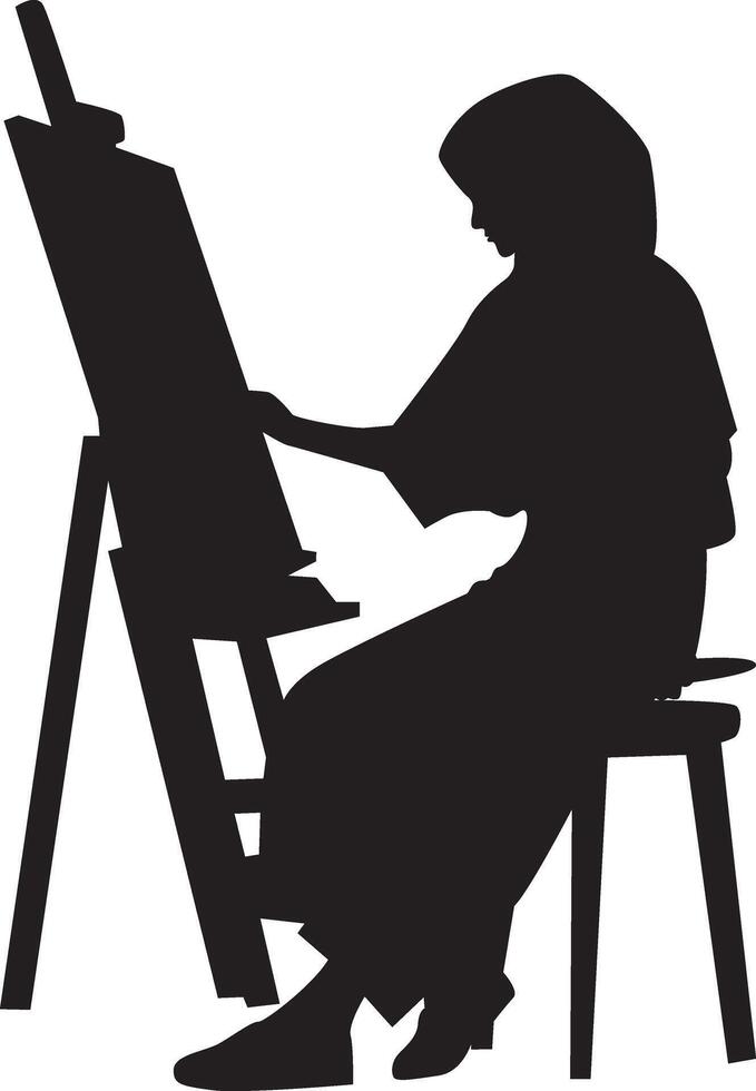 Silhouette of Artist Woman Drawing on Canvas with Simple Design vector