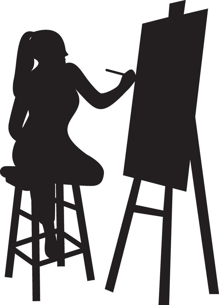 Silhouette of Woman Drawing on Canvas Isolated on White Background vector