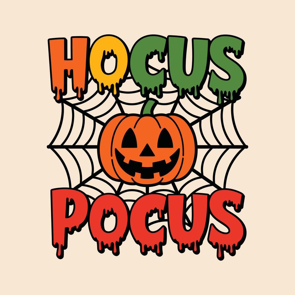 Spooky hocus pocus halloween text with pumpkin and spider web silhouette isolated on white background vector