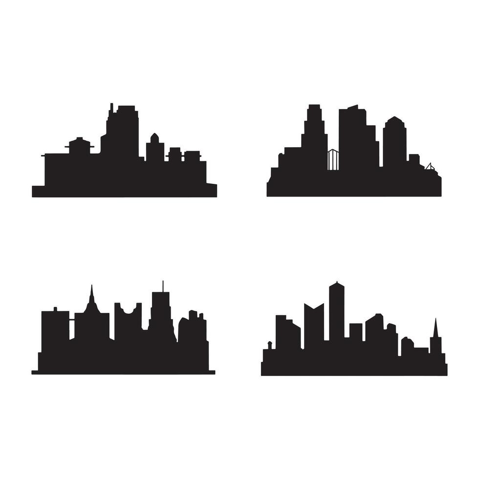 Four distinct city skyline silhouettes isolated on white background silhouette vector