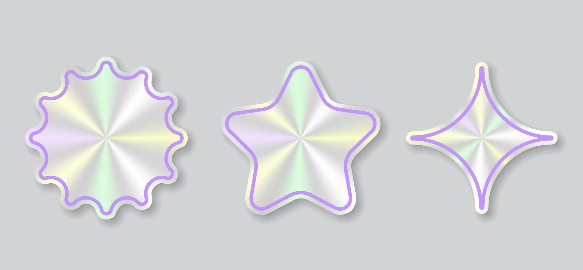 Metallic holographic label frames with pastel shine in square round and floral shapes vector