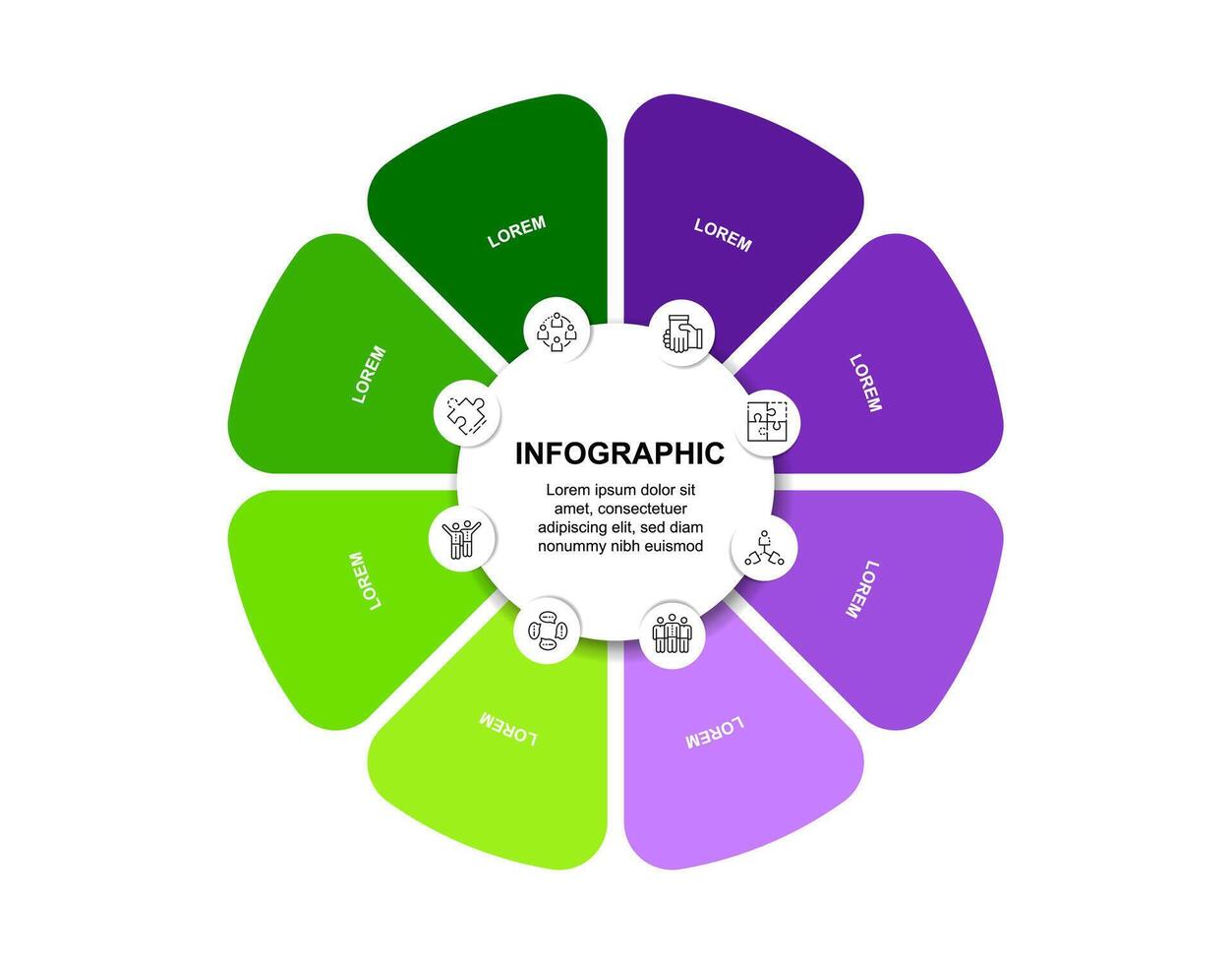 Flower infographic, multi-petal design, eight elements, growth stages, process diagram, solution steps, vibrant display vector