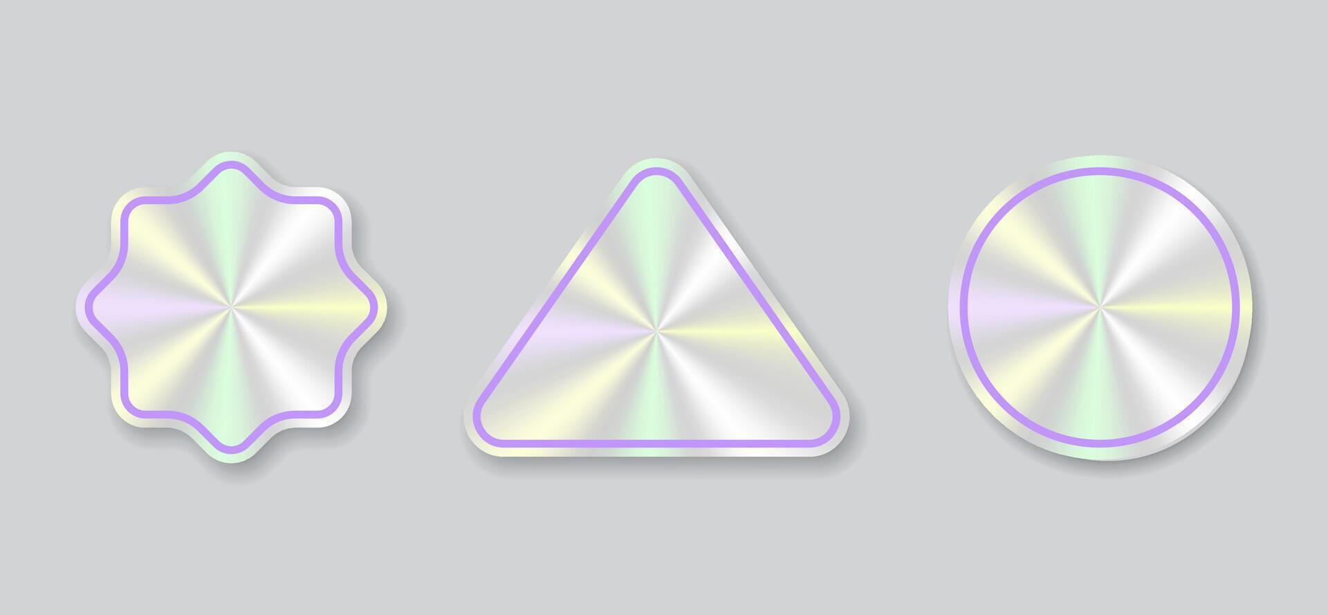 Glossy holographic shapes with pastel gradients in triangle round and star burst frames vector