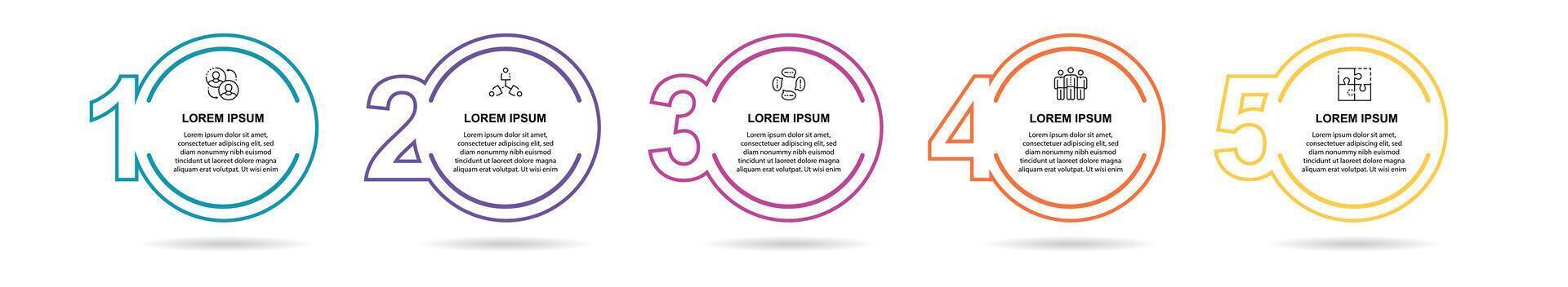 Business process circles, 5 step timeline, linear infographic, management flow, strategy presentation, numbered options vector