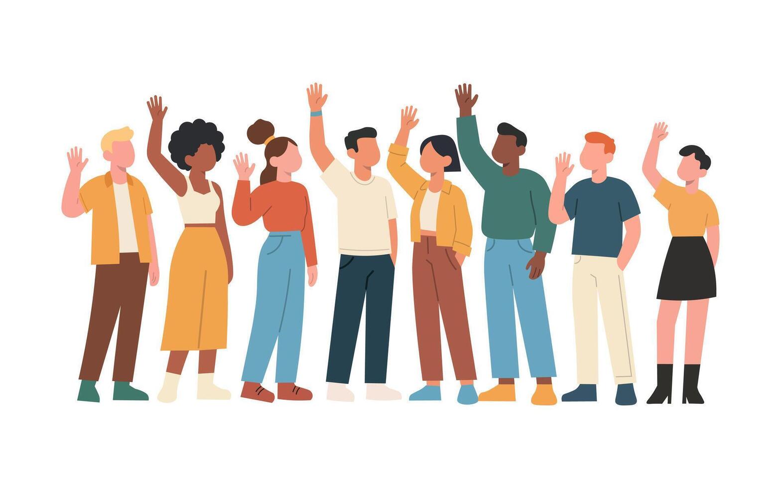 Diverse group of young people waving hello. vector