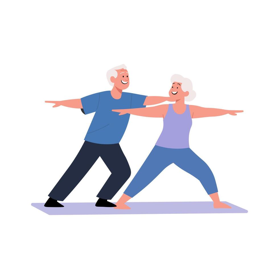 Seniors practicing yoga together vector
