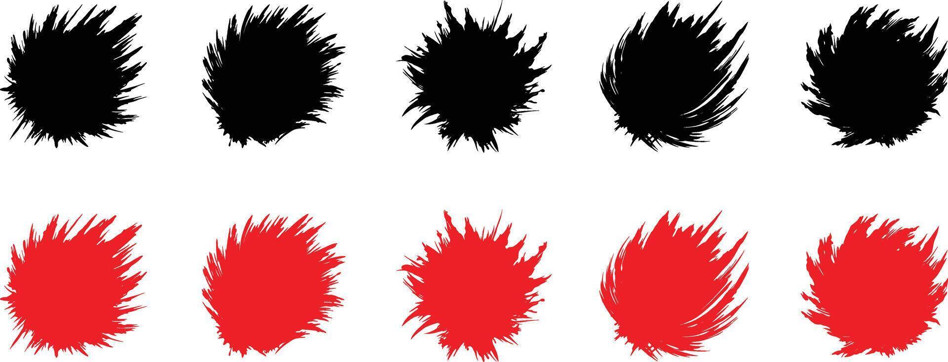 Collection of five black and five red abstract brush stroke shapes isolated on transparent background vector
