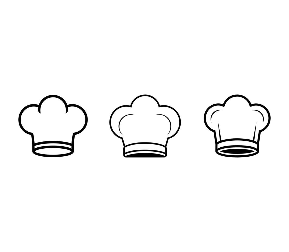 Three simple black outline chef hats isolated on transparent background vector