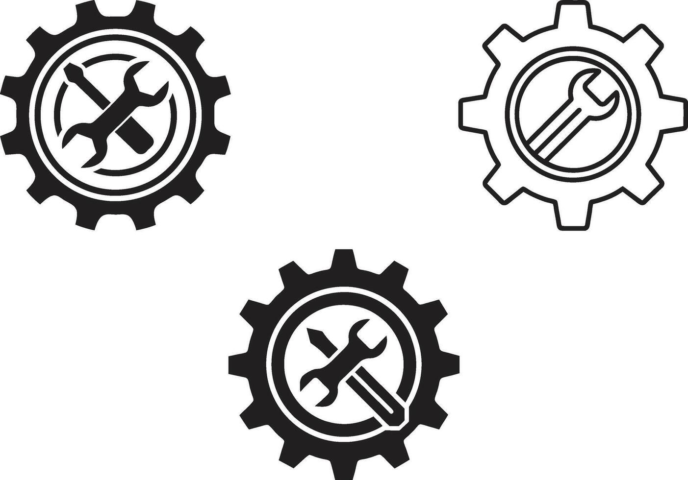 Three gear icons with tools inside isolated on transparent background vector