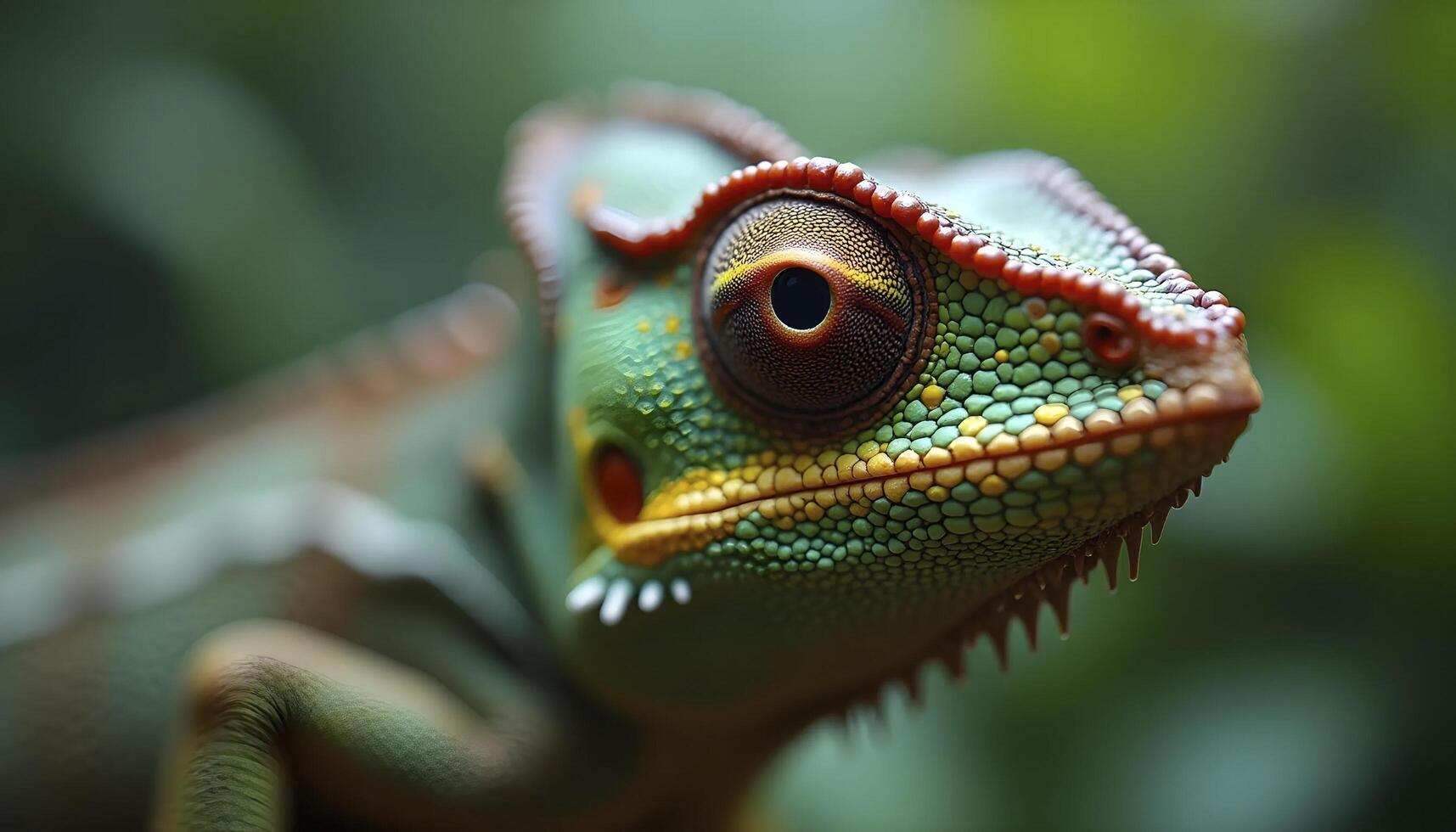 Chameleon Eye Closeup in Rainforest Setting photo