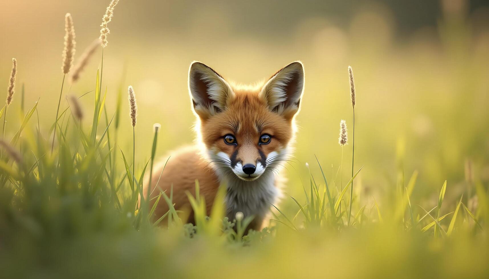 Red Fox Cub Peeking Through Sunlit Grass photo