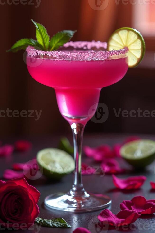 Pink cocktail with lime and mint in elegant margarita glass photo