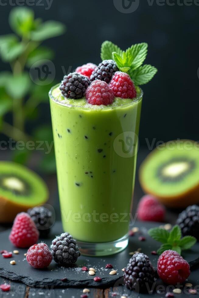 Healthy green smoothie with mint and frozen berries on dark background photo