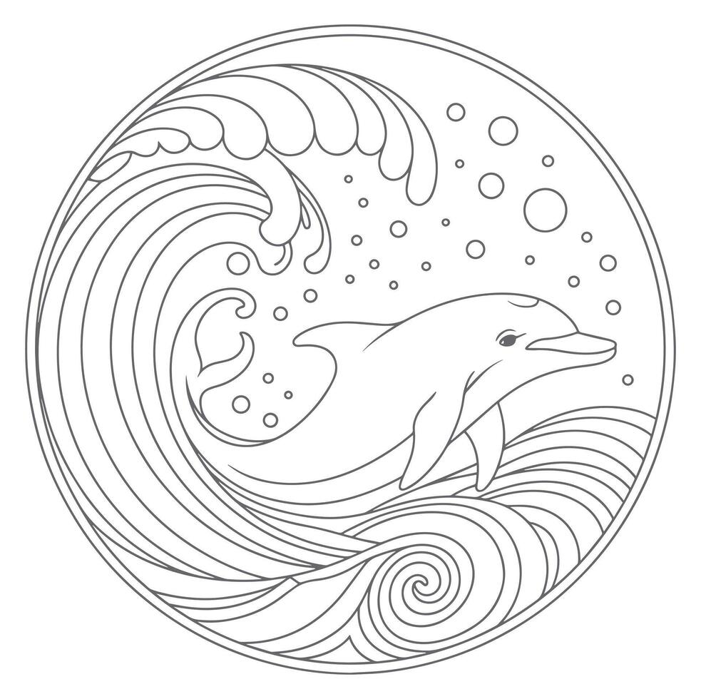 Grayline Dolphin Ocean Wave Mandala Design vector
