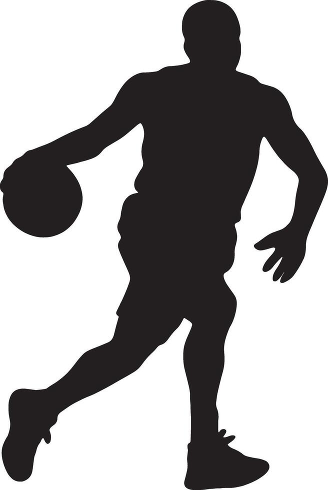 Black silhouette of a basketball player dribbling white vector