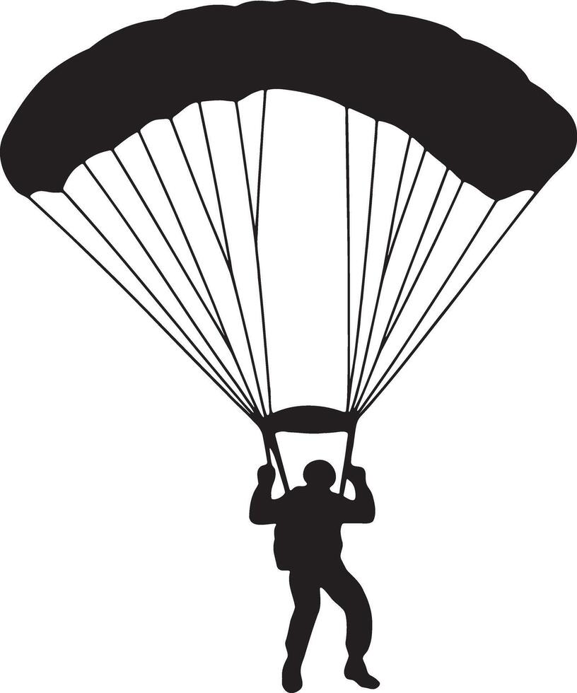 Black silhouette of a skydiver descending with a parachute skydiving vector