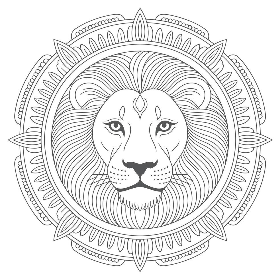 Lion Head Mandala Grey Line Art Design vector